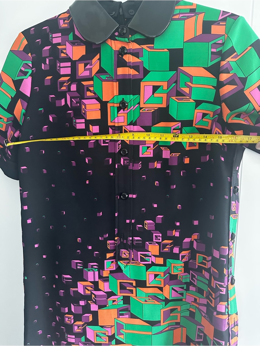 Gucci Black Short Sleeve Mini Dress with Green, Orange & Pink Geometric Print - Picture 6 of 7